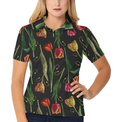 Tulip Embroidered Pattern Print Design TP01 Women's Polo Shirt