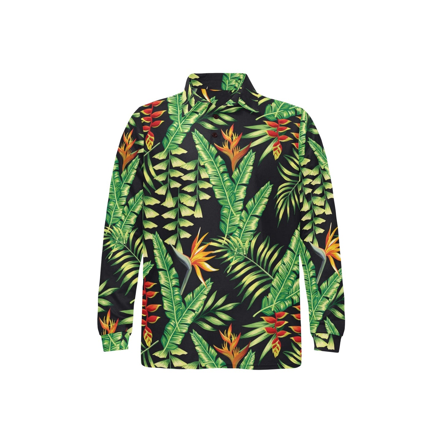 Hawaiian Flower Tropical Palm Leaves Long Sleeve Polo Shirt For Men's