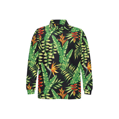 Hawaiian Flower Tropical Palm Leaves Long Sleeve Polo Shirt For Men's