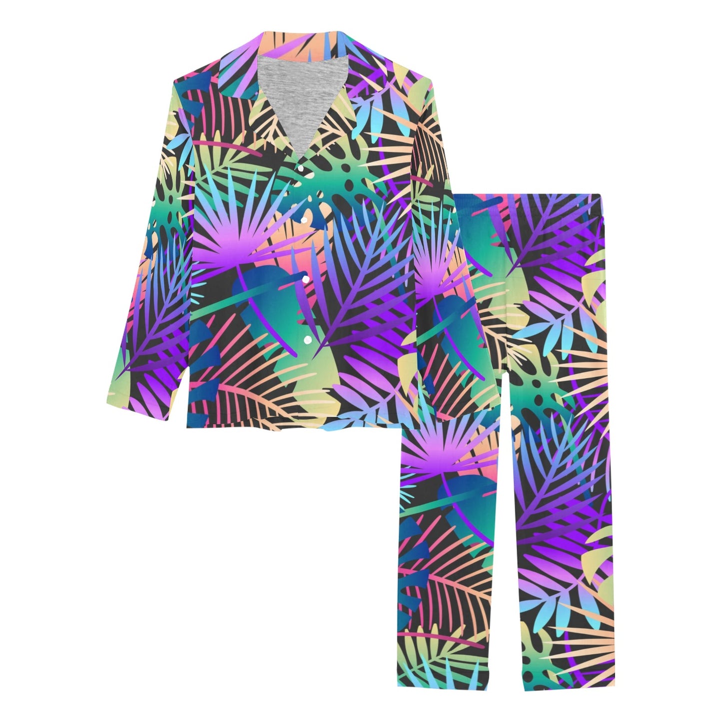 Neon Flower Tropical Palm Leaves Women's Long Pajama Set