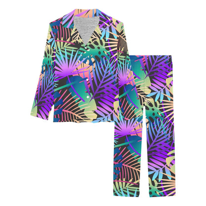 Neon Flower Tropical Palm Leaves Women's Long Pajama Set