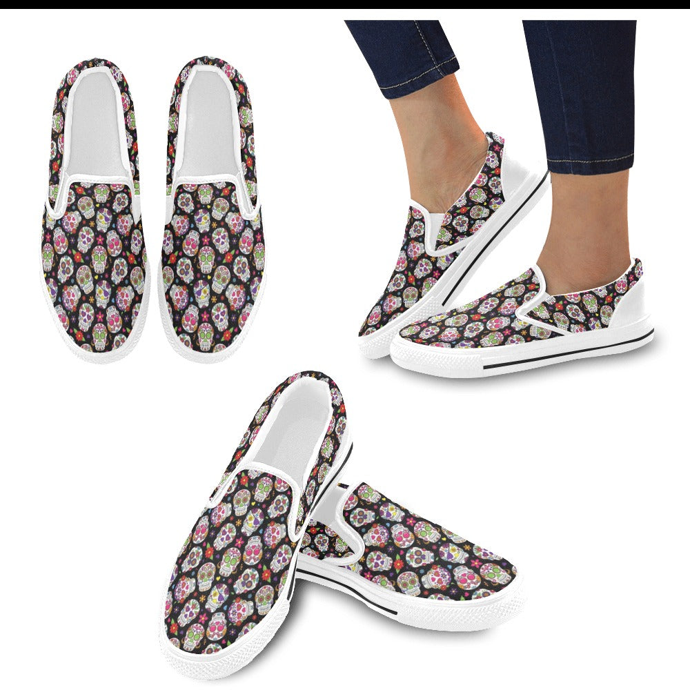 Sugar Skull Print Design LKS302 White Slip Ons Canvas Women's Shoes