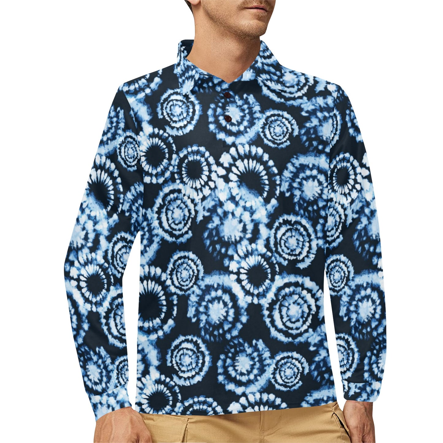 Tie Dye Dark Blue Print Design LKS306 Long Sleeve Polo Shirt For Men's