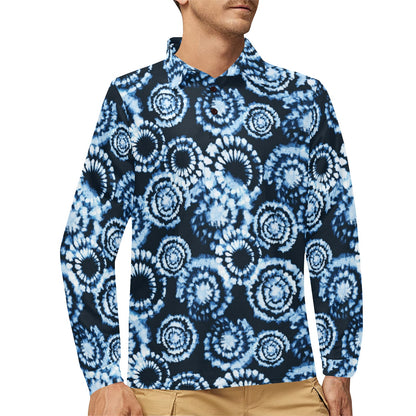 Tie Dye Dark Blue Print Design LKS306 Long Sleeve Polo Shirt For Men's