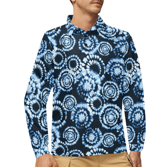 Tie Dye Dark Blue Print Design LKS306 Long Sleeve Polo Shirt For Men's