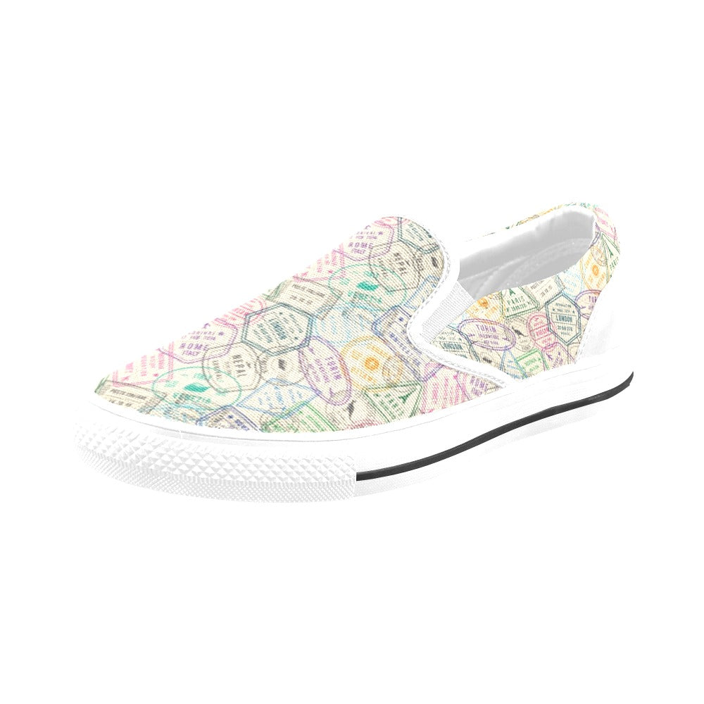Travel Stamp Print Design LKS303 White Slip Ons Canvas Women's Shoes