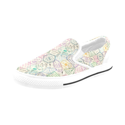 Travel Stamp Print Design LKS303 White Slip Ons Canvas Women's Shoes