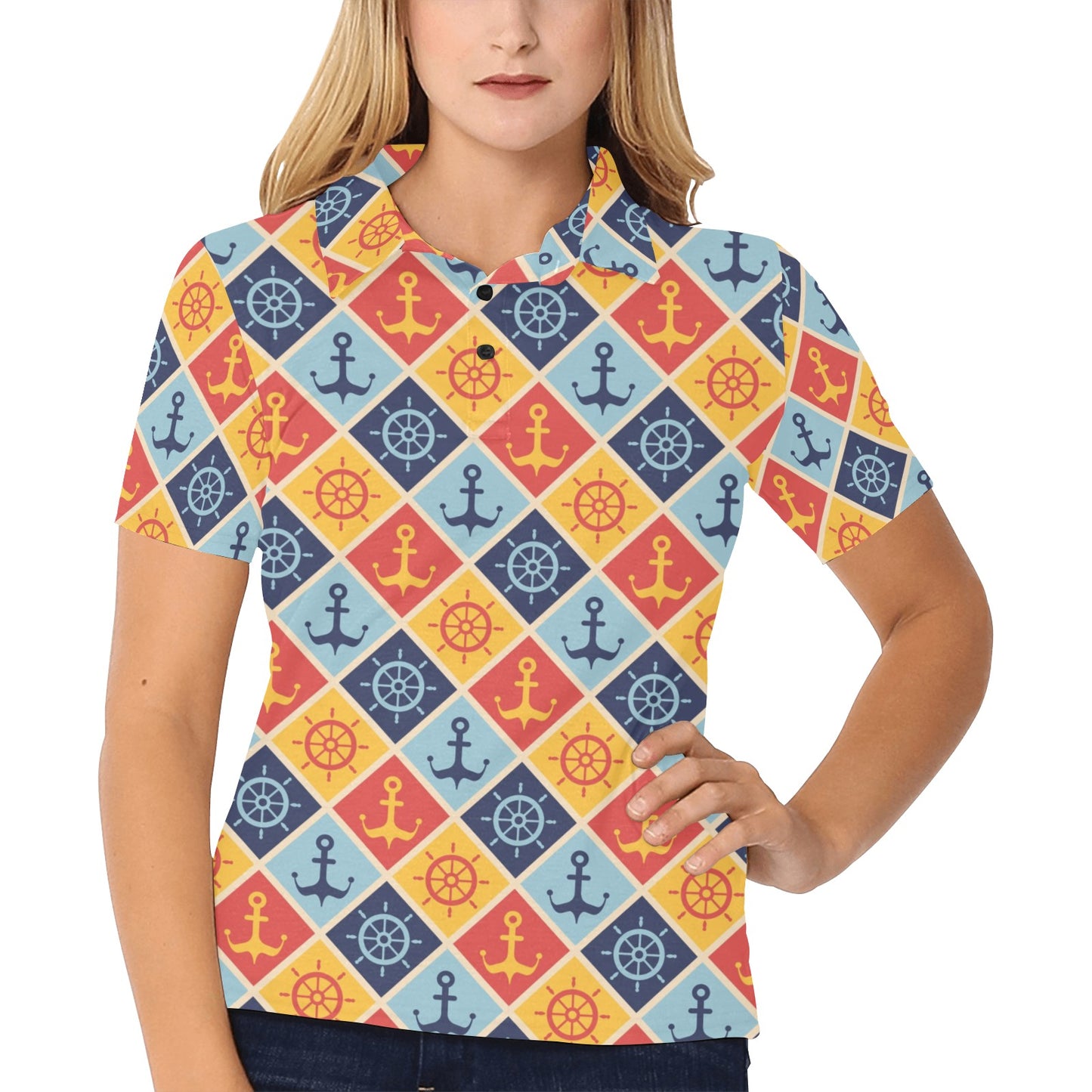 Nautical Pattern Design Themed Print Women's Polo Shirt