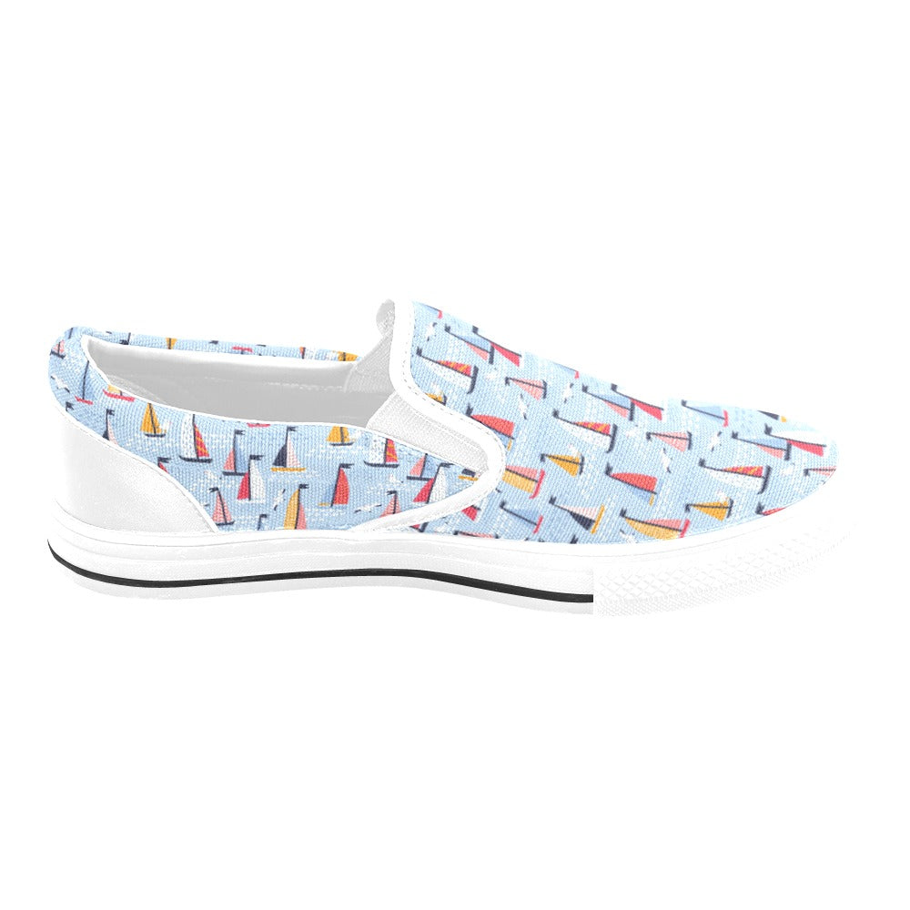 Sailboat Print Design LKS304 White Slip Ons Canvas Women's Shoes