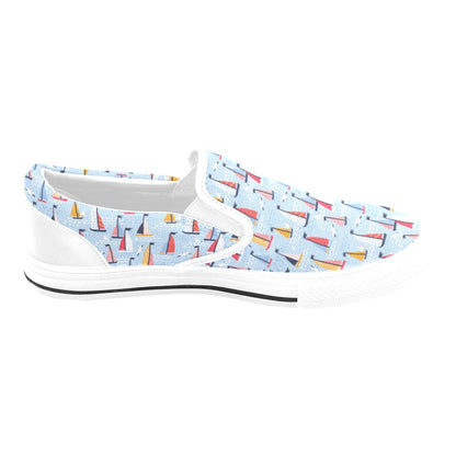 Sailboat Print Design LKS304 White Slip Ons Canvas Women's Shoes
