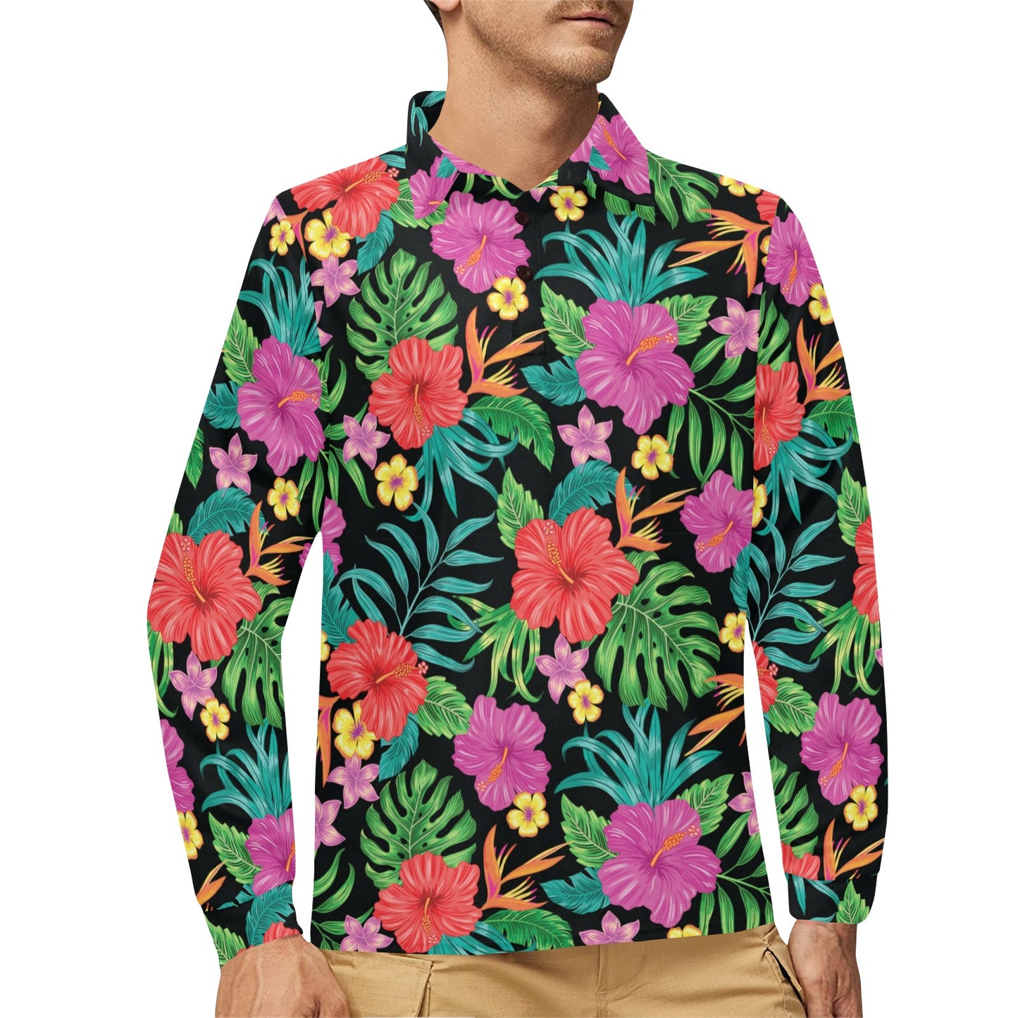 Hibiscus Red Hawaiian Flower Long Sleeve Polo Shirt For Men's