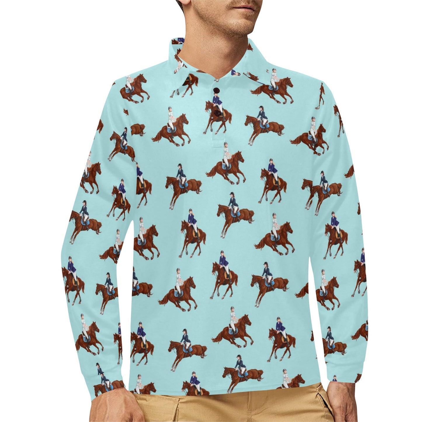 Equestrian Horse Riding Long Sleeve Polo Shirt For Men's