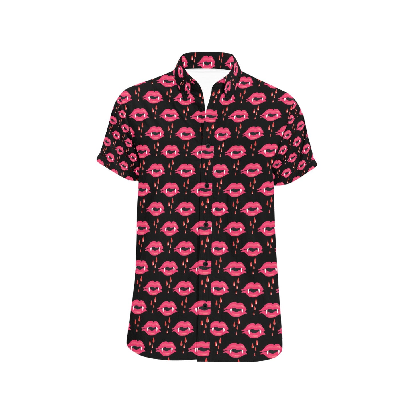 Vampire Lips Print Design LKS303 Men Short Sleeve Button Up Shirt