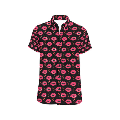 Vampire Lips Print Design LKS303 Men Short Sleeve Button Up Shirt