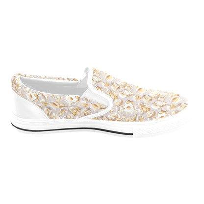 Seashell Print Design LKS309 White Slip Ons Canvas Women's Shoes