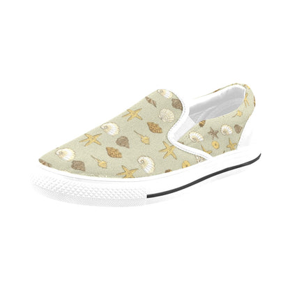 Seashell Beach Print Design LKS303 White Slip Ons Canvas Women's Shoes