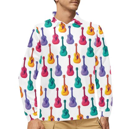 Acoustic Guitar Print Design LKS406 Long Sleeve Polo Shirt For Men's