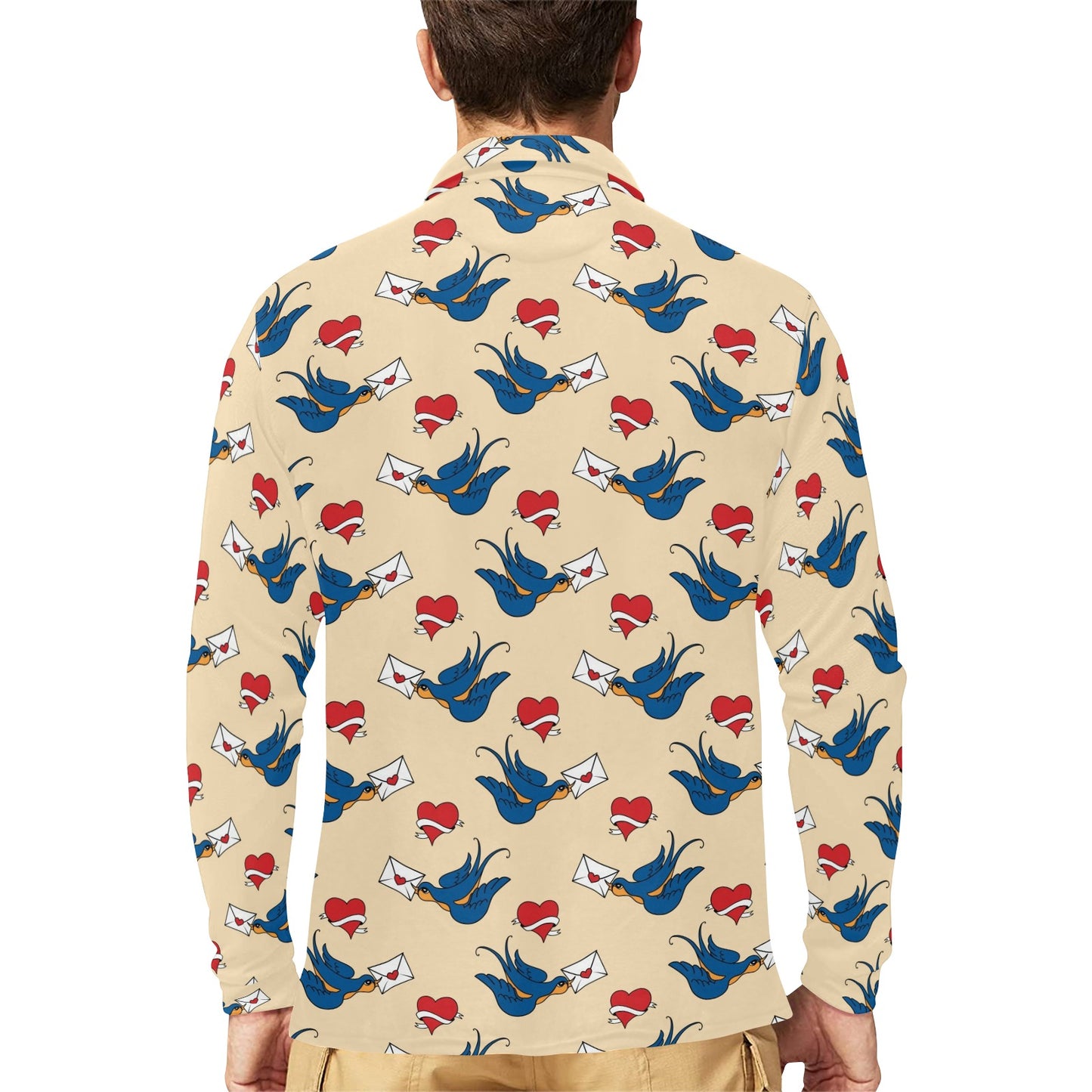 Swallow Bird Pattern Print Design 05 Long Sleeve Polo Shirt For Men's