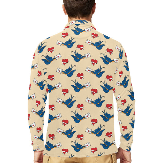 Swallow Bird Pattern Print Design 05 Long Sleeve Polo Shirt For Men's