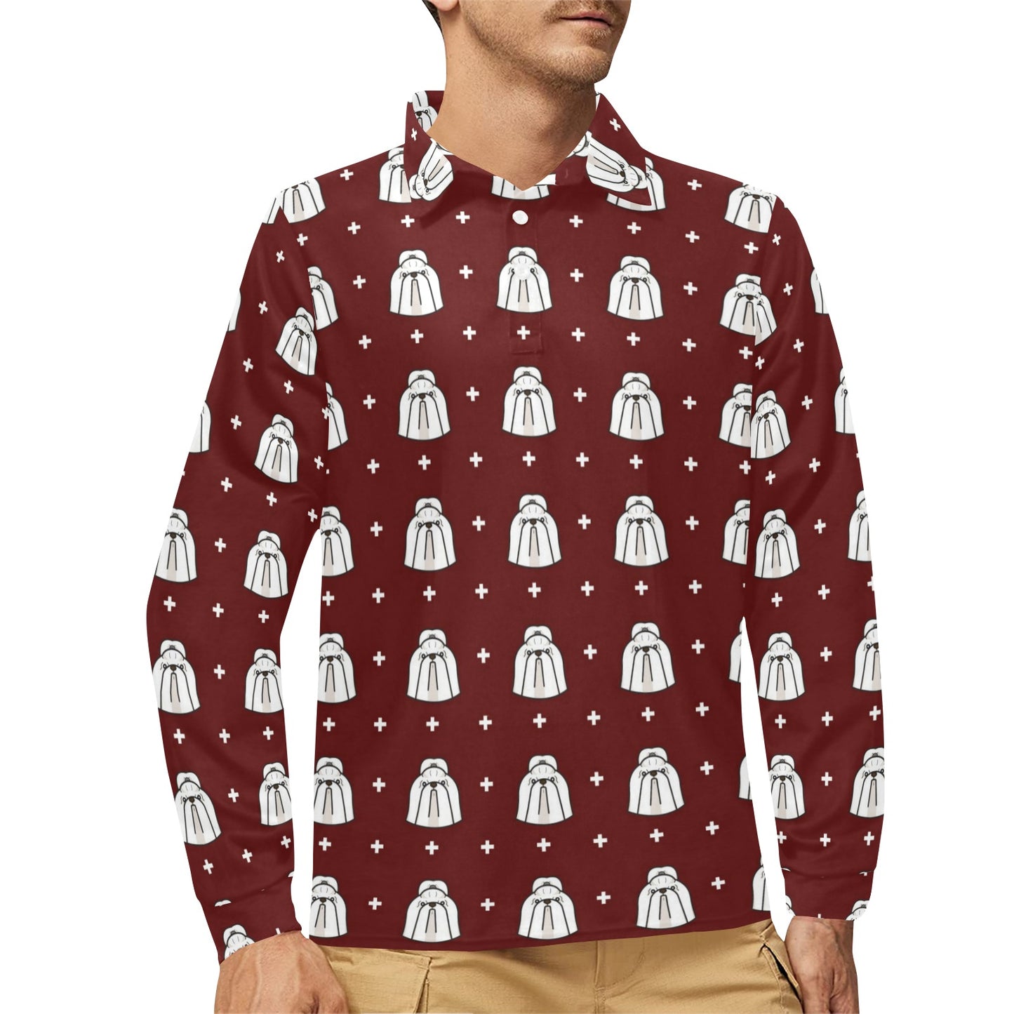 Shih Tzu Print Design LKS301 Long Sleeve Polo Shirt For Men's