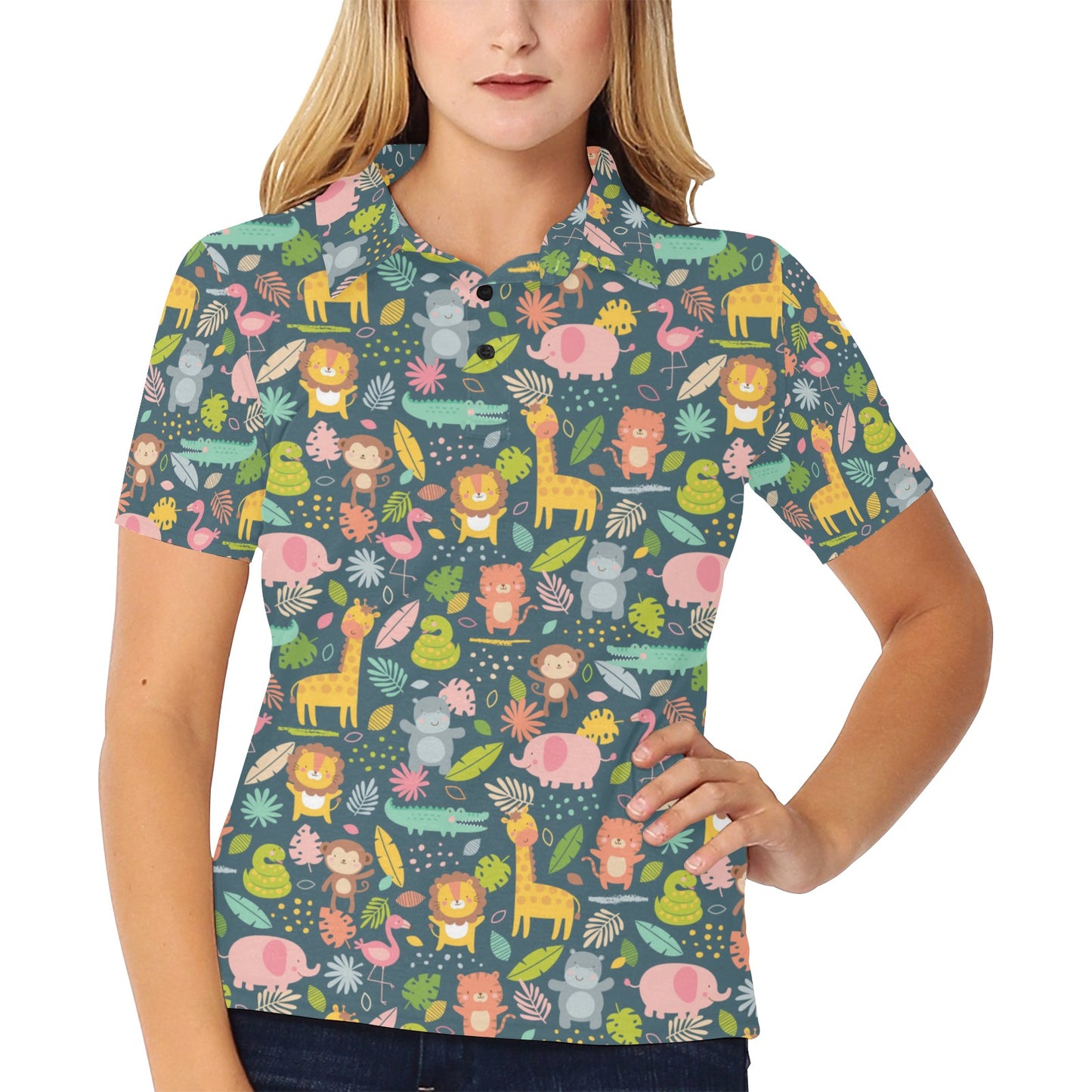 Safari Animal Cartoon Print Design LKS305 Women's Polo Shirt