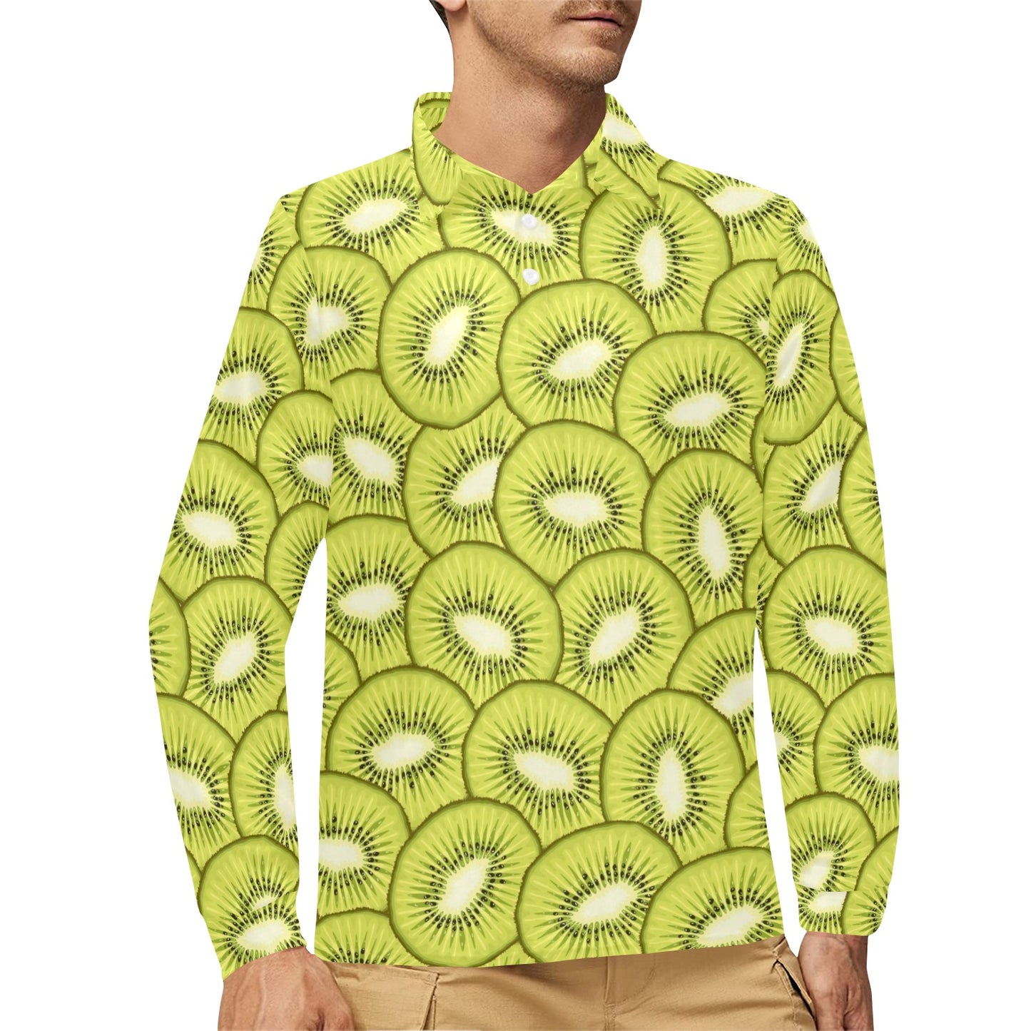 Kiwi Pattern Print Design KW07 Long Sleeve Polo Shirt For Men's
