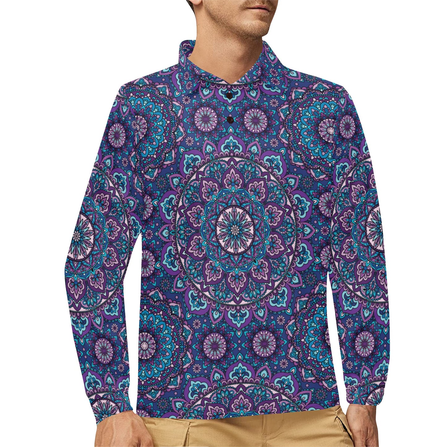 Medallion Pattern Print Design 05 Long Sleeve Polo Shirt For Men's