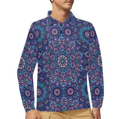 Medallion Pattern Print Design 05 Long Sleeve Polo Shirt For Men's