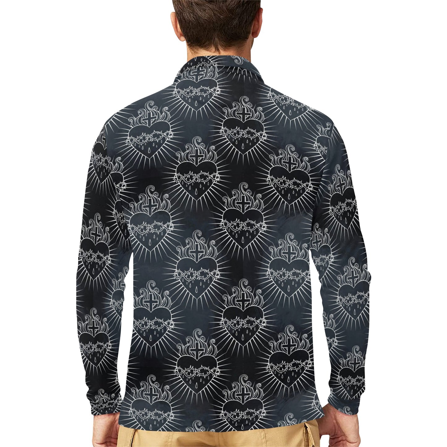 Christian Heart Tattoo Style Long Sleeve Polo Shirt For Men's
