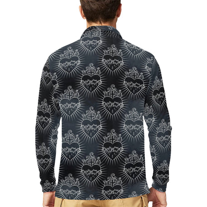 Christian Heart Tattoo Style Long Sleeve Polo Shirt For Men's
