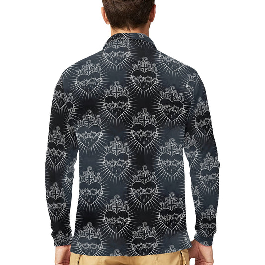 Christian Heart Tattoo Style Long Sleeve Polo Shirt For Men's