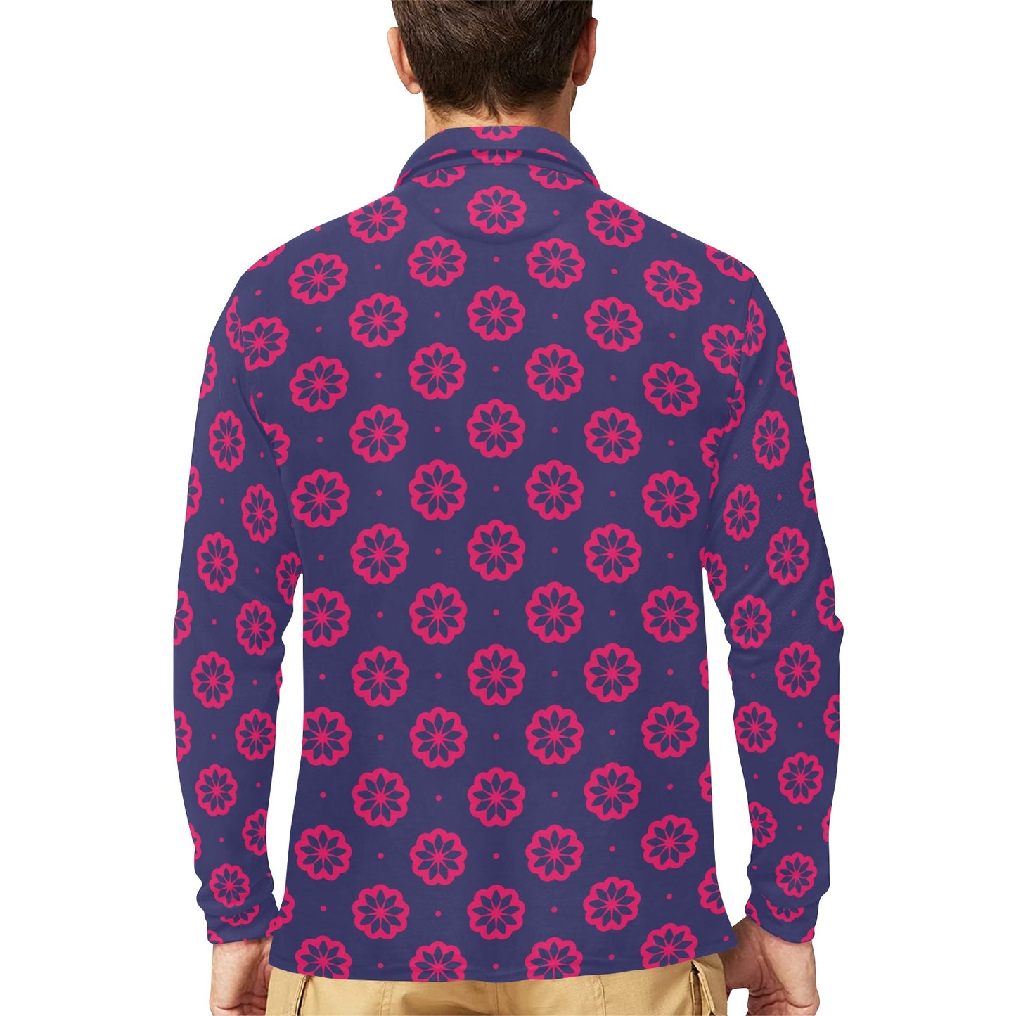 Water Lily Print Design LKS301 Long Sleeve Polo Shirt For Men's