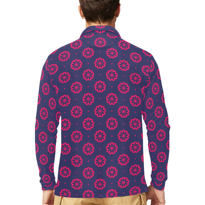 Water Lily Print Design LKS301 Long Sleeve Polo Shirt For Men's