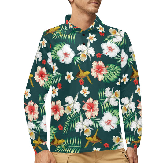 Hawaiian Flower Design with SeaTurtle Print Long Sleeve Polo Shirt For Men's