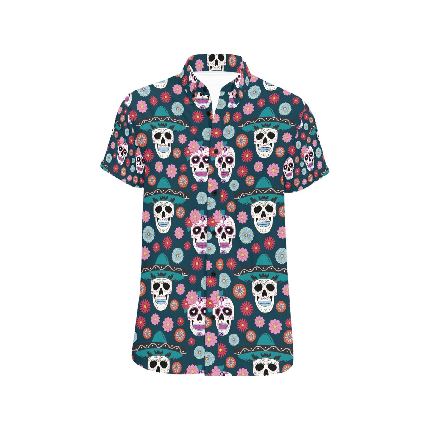 Sugar Skull Print Design LKS308 Men Short Sleeve Button Up Shirt
