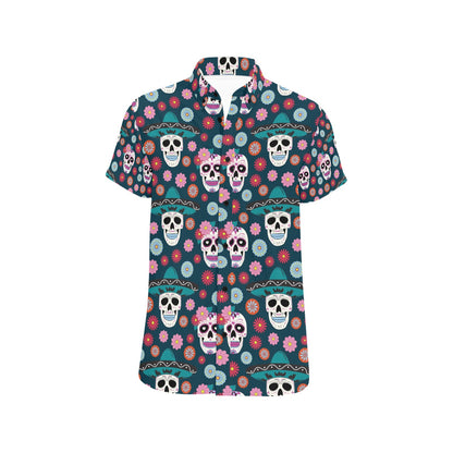 Sugar Skull Print Design LKS308 Men Short Sleeve Button Up Shirt