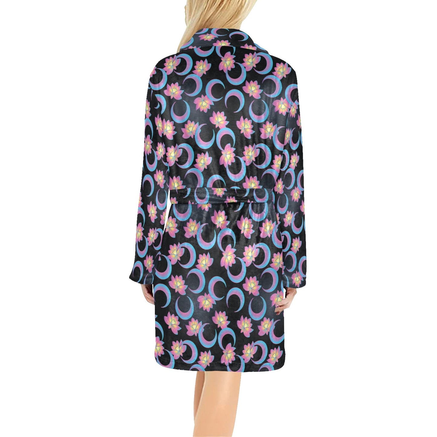 Lotus with Moon Pink Print Themed Women's Fleece Robe