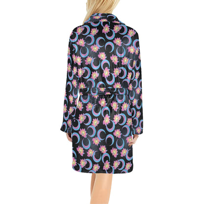 Lotus with Moon Pink Print Themed Women's Fleece Robe