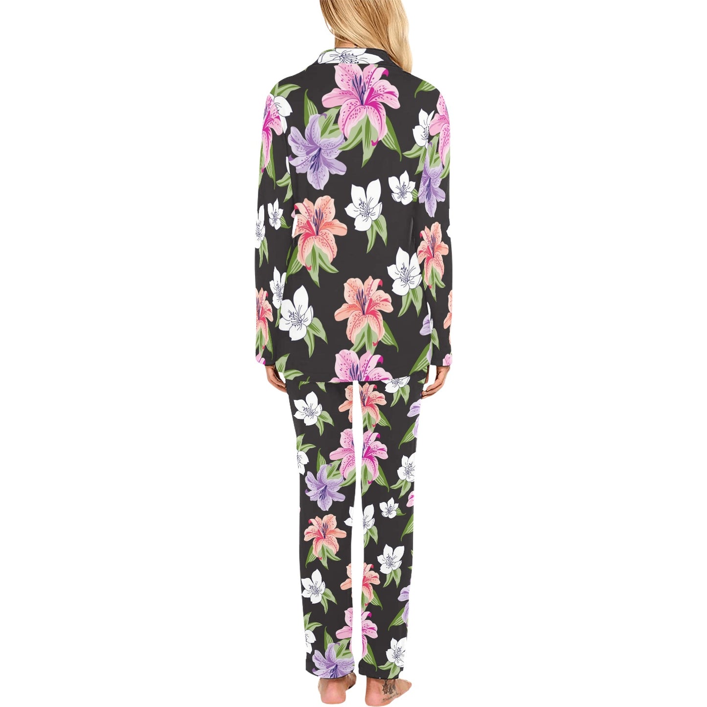 Lily Pattern Print Design LY02 Women's Long Pajama Set