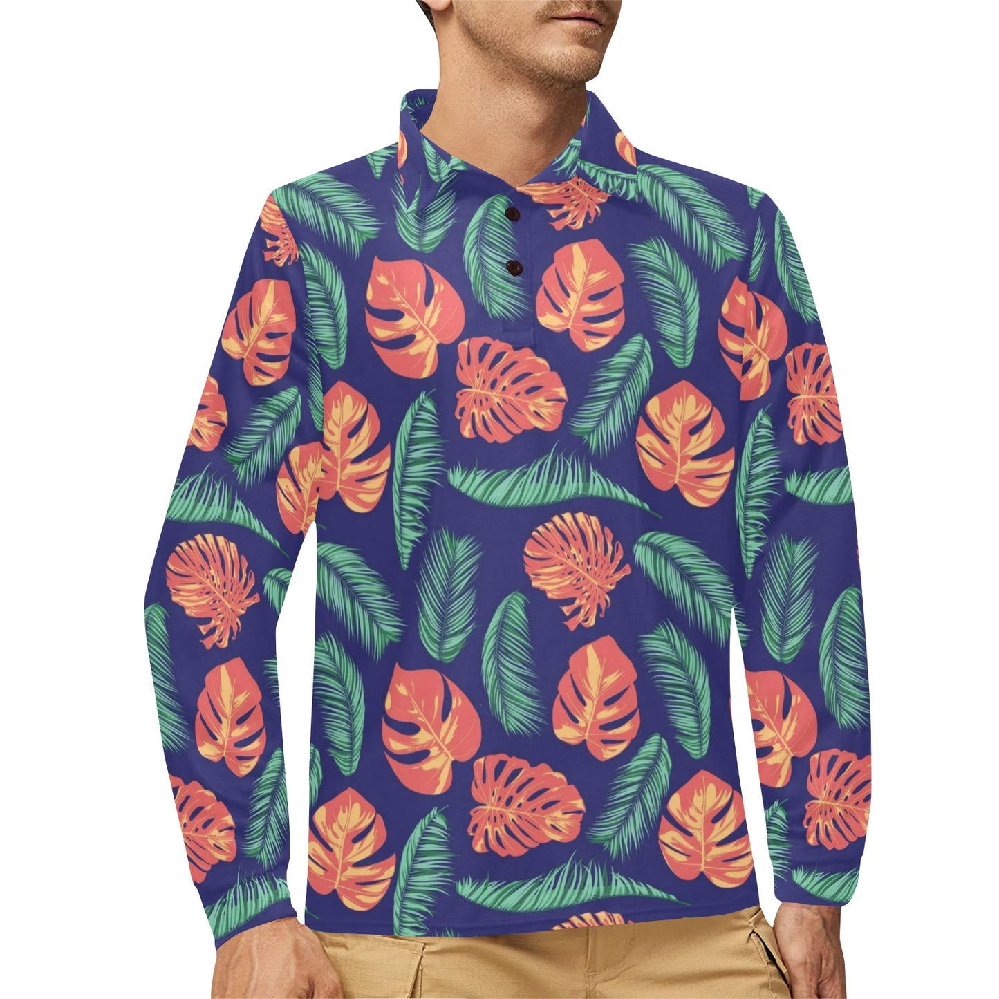 Palm Leaves Pattern Print Design PL011 Long Sleeve Polo Shirt For Men's