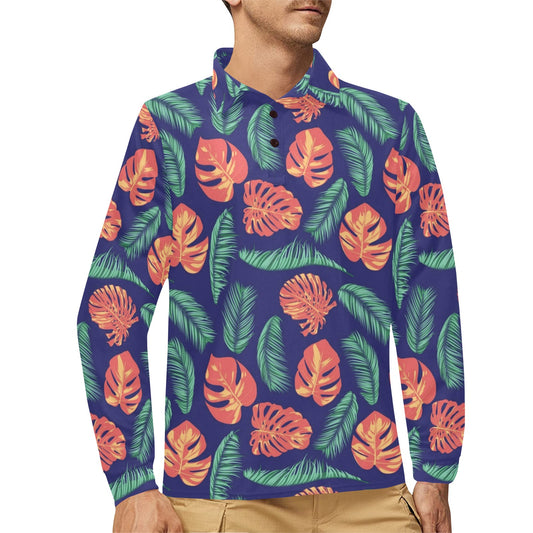 Palm Leaves Pattern Print Design PL011 Long Sleeve Polo Shirt For Men's