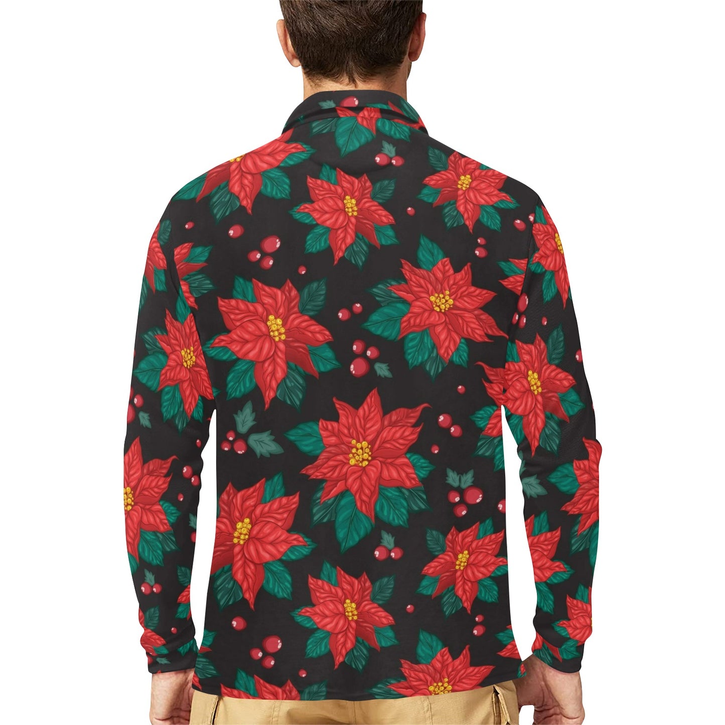 Poinsettia Pattern Print Design POT07 Long Sleeve Polo Shirt For Men's
