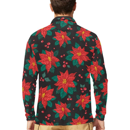 Poinsettia Pattern Print Design POT07 Long Sleeve Polo Shirt For Men's