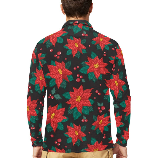 Poinsettia Pattern Print Design POT07 Long Sleeve Polo Shirt For Men's