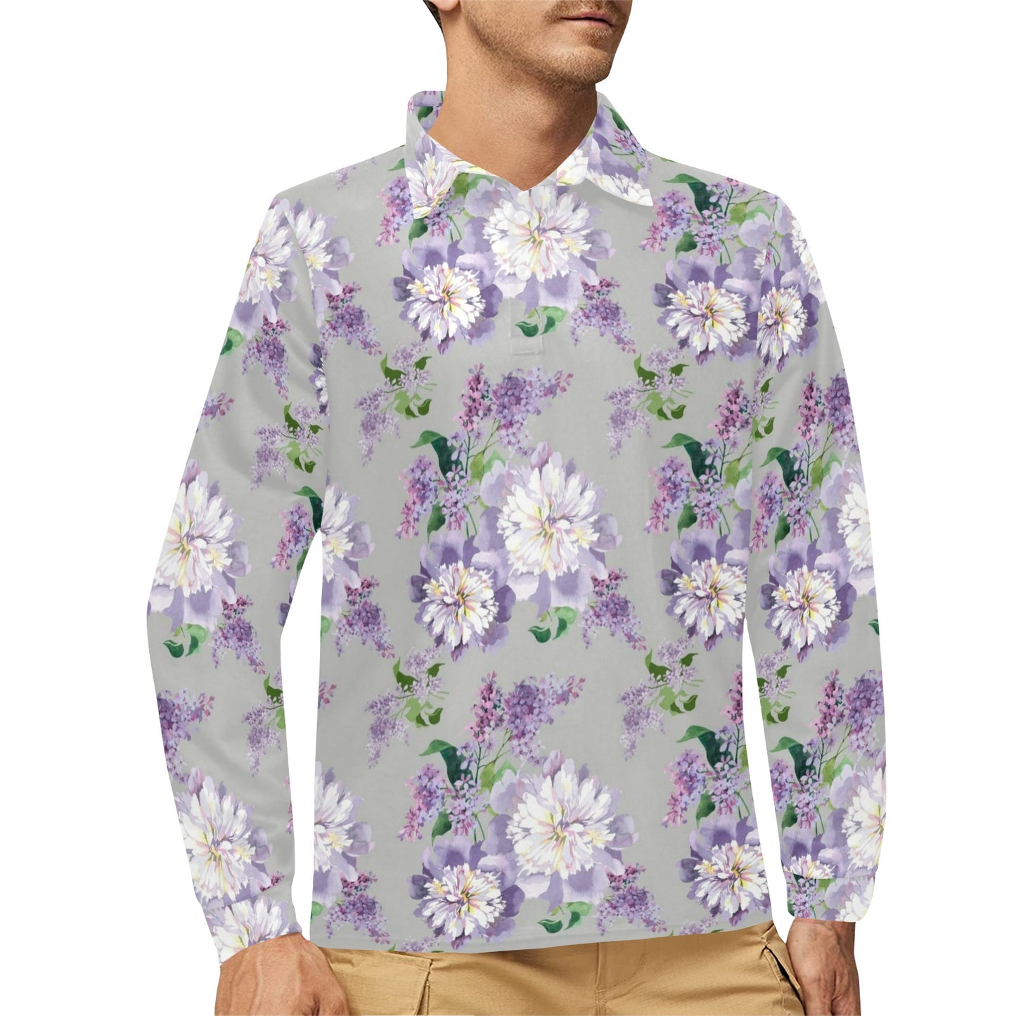 Lilac Pattern Print Design LI07 Long Sleeve Polo Shirt For Men's