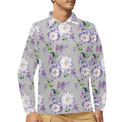 Lilac Pattern Print Design LI07 Long Sleeve Polo Shirt For Men's