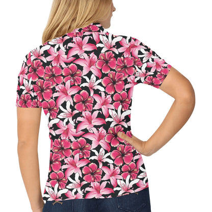 Flower Hawaiian Pink Red Hibiscus Print Women's Polo Shirt