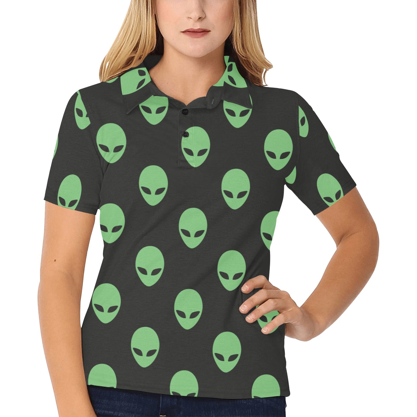 Alien Green Neon Pattern Print Design 01 Women's Polo Shirt