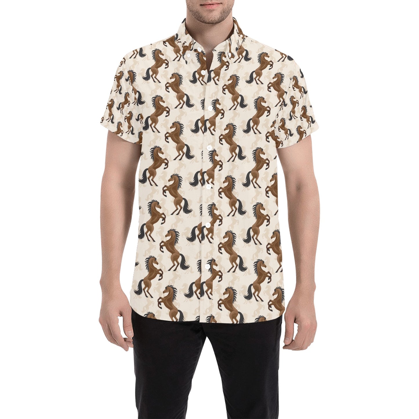Horse Print Design LKS308 Men Short Sleeve Button Up Shirt
