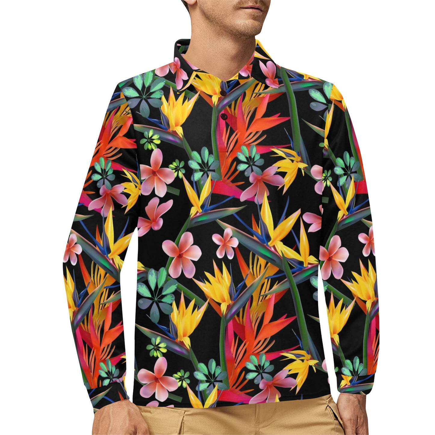 Tropical Flower Pattern Print Design TF015 Long Sleeve Polo Shirt For Men's
